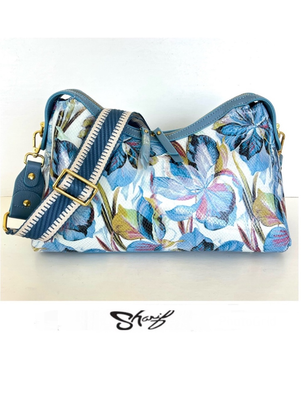 SHARIF Blue Iris Floral Snake Leather Crossbody Shoulder Bag Summer Satchel NWOT